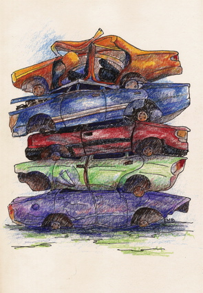 5 car pile up, colored pencil 5 car pile up, colored pencil