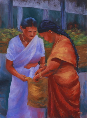 Mysore Shoppers, soft pastel, 16 x 12