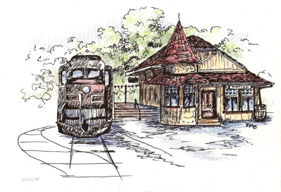 Train Station, Ink & Colored Pencil