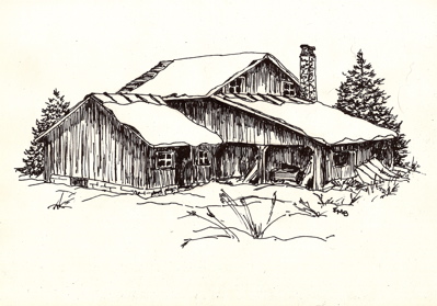 Barn in Snow, Ink